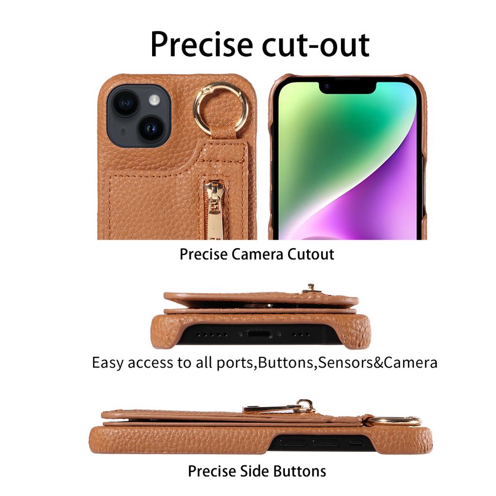 Чехол из искусственной кожи для iPhone16e 16 15 14 13 12 11 Pro Max Plus Mini, противоударный, с отделением для карт, застежкой-молнией и функцией подставки