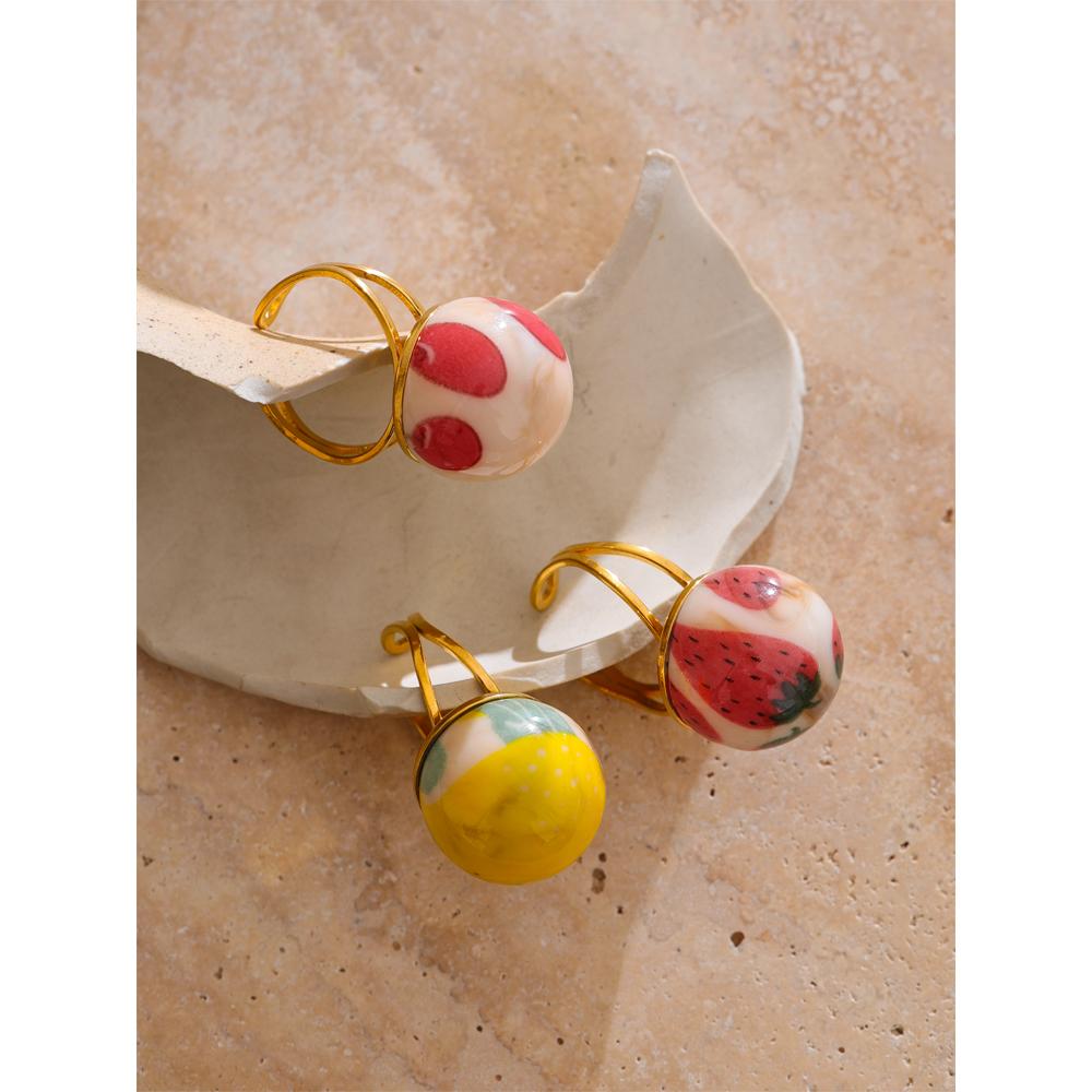 Yhpup Arrivals Candy Enamel Round Strawberry Pineapple Cherry Open Ring Adjustable Stainless Steel Exquisite Fashion Jewelry