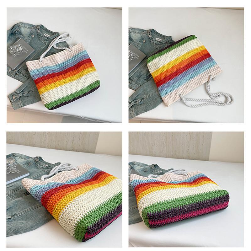 Повседневная пляжная сумка с полосатым переплетением Большая вместимость Пляжная сумка в ленивом стиле Радуга в стиле бохо Полая сумка-тоут в уличном стиле