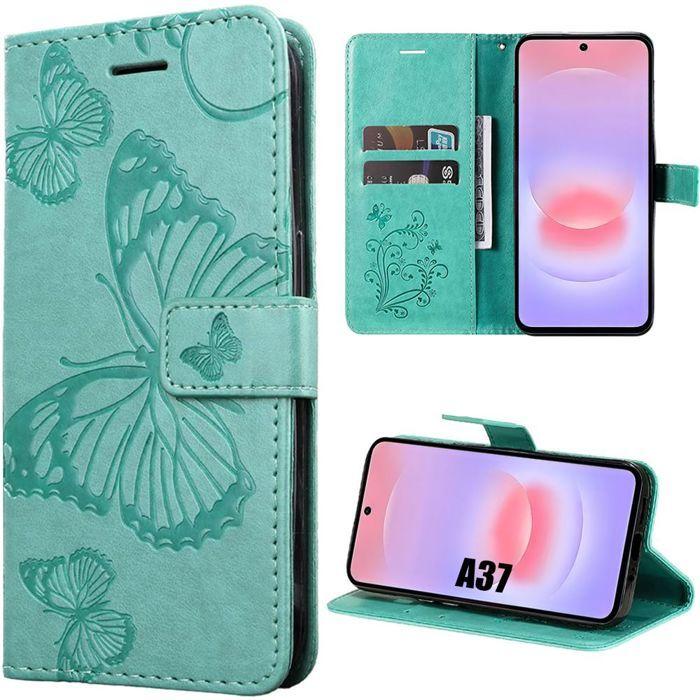 Coque Synthécuir - BOOLING - pour Samsung Galaxy A37 5G - Protection Antichoc Motif Papillon Vert