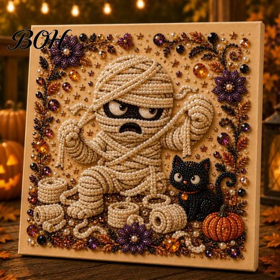 Whimsical Ghost And Pumpkin Art Halloween Faux Pearl Kit, Cute Skeleton Painting Handmade Gift for Craft Lovers DIY 3D Kit Adults, Fall Home