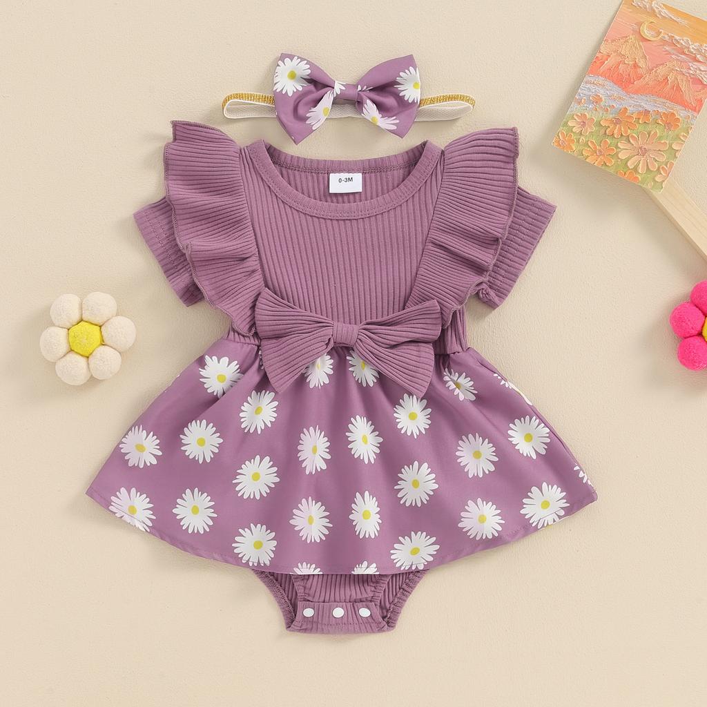 Infant Baby Girl Romper Dress Daisy Print Short Sleeve Round Neck Jumpsuit with Bow Headband