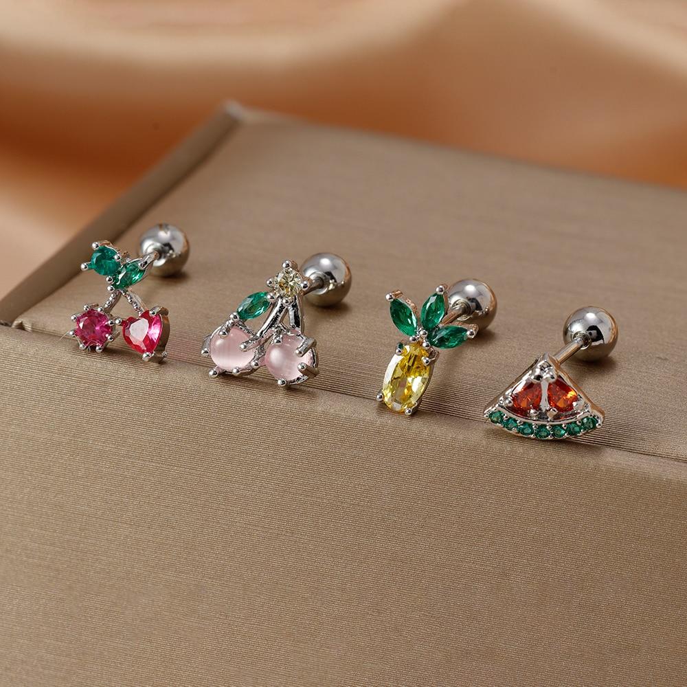 Fashion Stainless Steel Mini Zirconia Stud Earrings For Women Luxury Cute Fruits Helix Tragus Piercing Earrings Party Jewelry