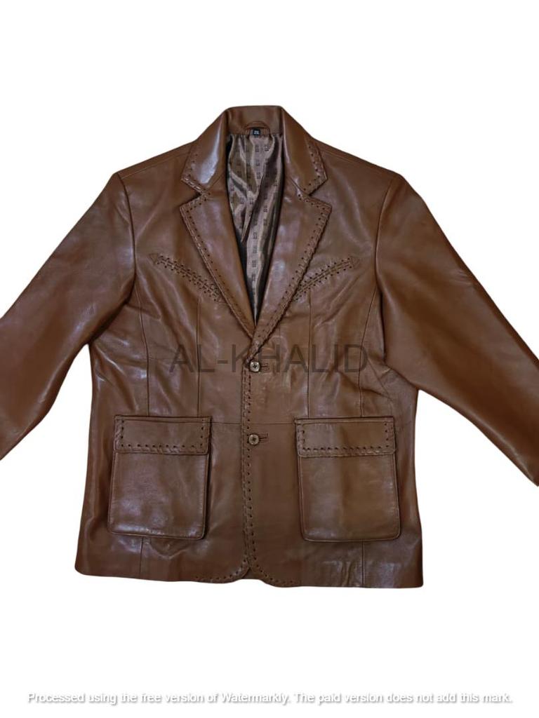 AL KHALID Men's Real Leather Blazer Brown Jacket Two Button Classic Party Club Coat