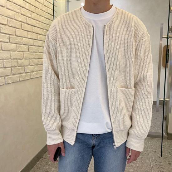 Men Cardigan Sweater Solid Color Full Zip Up Casual Sweater Warm Knitwear Jacket with 2 Front Pockets for Autumn And Winter
