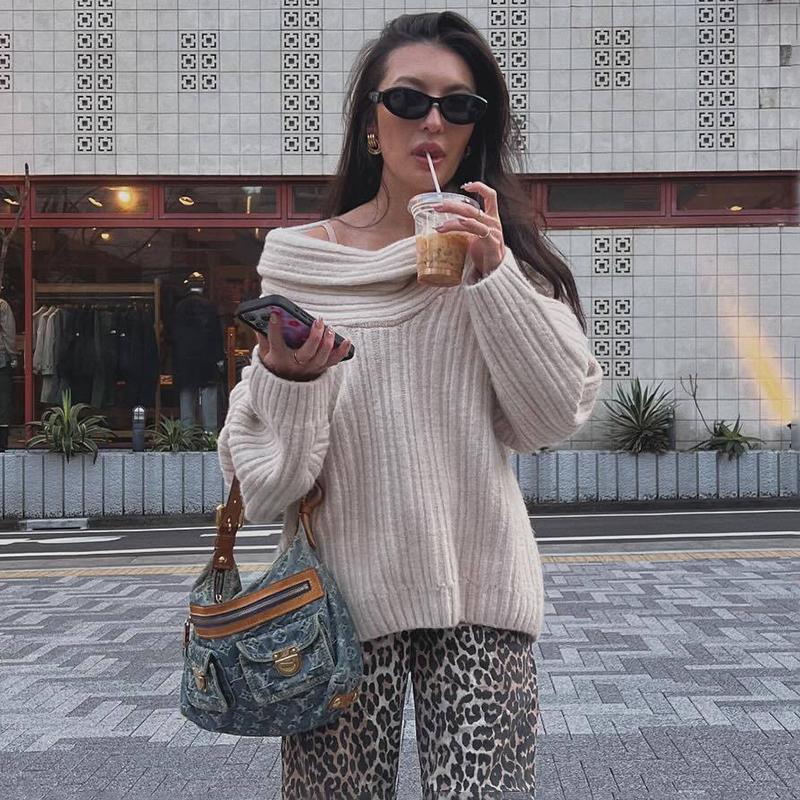 Свитер с открытыми плечами для женщин, осень-зима, свободный, с длинным рукавом, вязаный, женский, уличный, повседневный, большой, топ, пэчворк, свитера для поездок на работу, женские