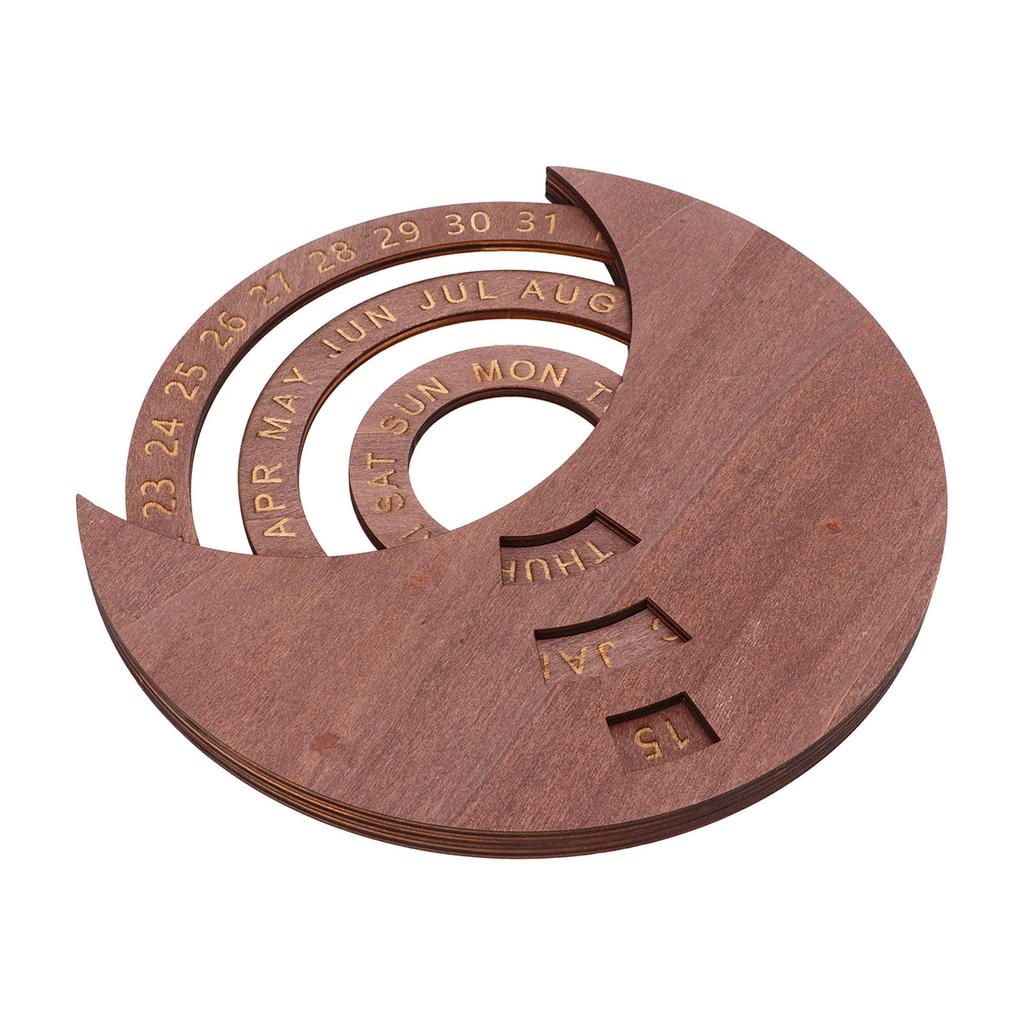 Wooden Disc Calendar Dark Brown Rotatable Disc Natural Wood Vintage Style Wooden Perpetual Calendar