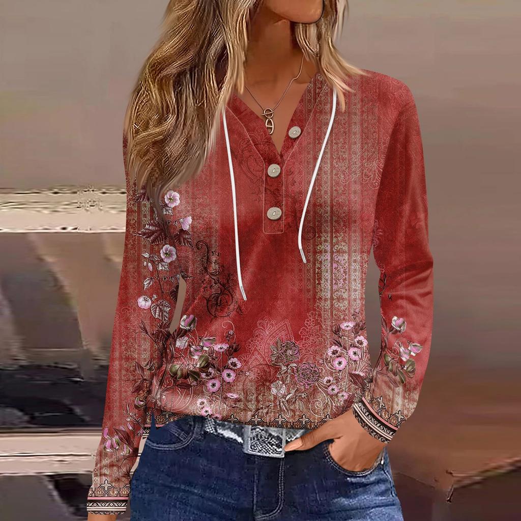 Жен. Футболка Футболка Пуговицы Цветочный принт Длинный рукав Повседневные Выходные Мода Классический Классический V-образный вырез Обычный Топ