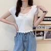 Summer New Korean Version of Women's Small Fragrant Wind Bow Drawstring Collar Solid Color Short-sleeved All-match Knitted Top Female Tide