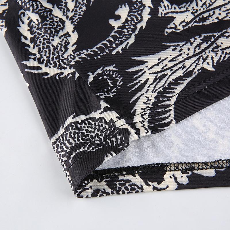 Модные трендовые женские стильные укороченные топы с принтом дракона, тонкая футболка с длинным рукавом и высоким воротником, узкие футболки на весну и осень