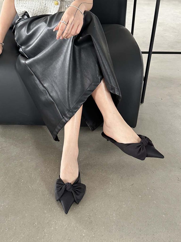 Модные женские тапочки с острым носком, летние уличные туфли-мюли, туфли на низком каблуке с бантом, черные, розовые, бежевые, хаки, повседневные туфли-мюли, мокасины 35-39