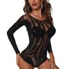 Женское сексуальное женское боди, женский сетчатый комбинезон со стразами и круглым воротником с длинными рукавами, ночное белье