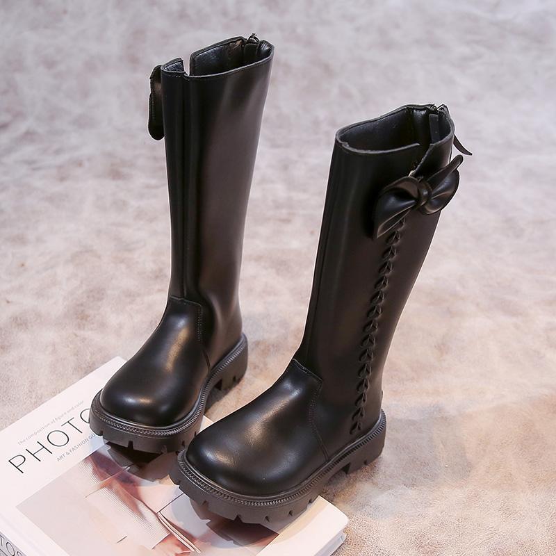 Детская обувь, ботинки для девочек, милые шикарные сапоги принцессы с бантом, модные универсальные нескользящие детские повседневные кожаные сапоги до середины икры