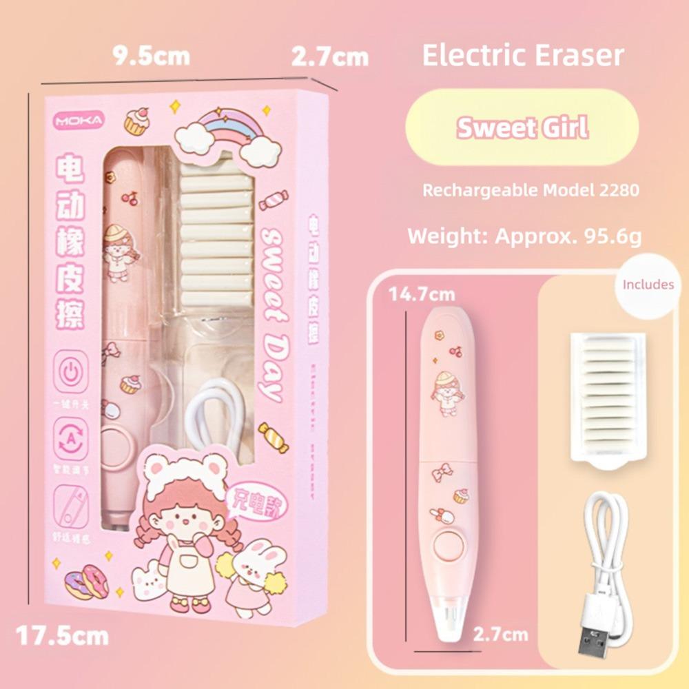 Cartoon Design Automatic Eraser Battery Powered No Debris Eraser Electric Eraser Set  Students Use