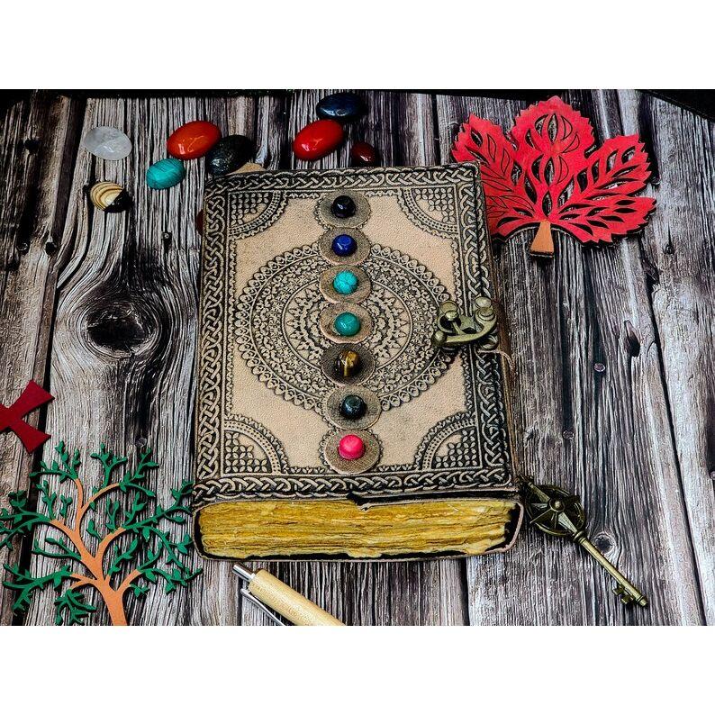 Blank Spell Book of Shadows Journal with Lock Clasp Handmade Leather Seven Stone Diary Seven Chakra Prayer Pagan Book
