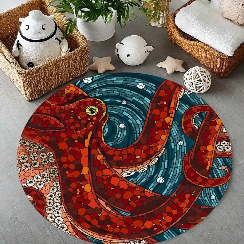 Octopus Tentacle Visual 3D Round Mat Ocean Sea Animal Round Carpet Octopus Home Rug Decor Coastal Nautical Home Decor Gift