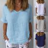 Модная хлопковая и льняная блузка, однотонные свободные топы с v-образным вырезом, повседневные летние женские и женские пуловеры с короткими рукавами