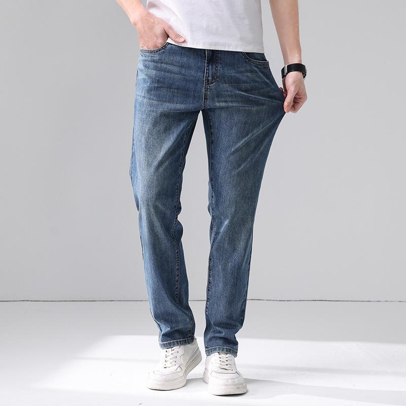 Весенне-летние новые мужские джинсы и брюки из чистого хлопка, облегающие, прямые, стрейч, мужские