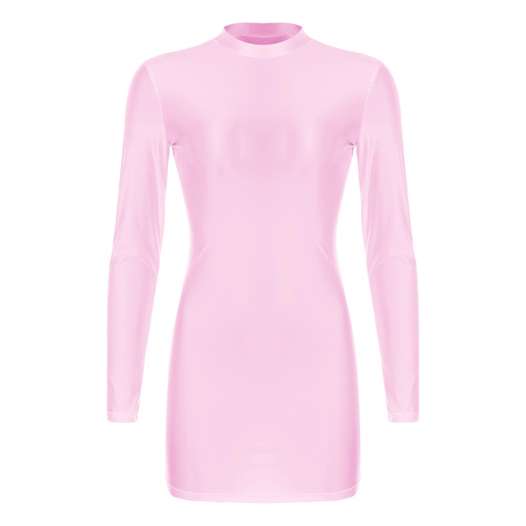 Womens Glossy Long Sleeve Bodycon Dress Nightwear Solid Color Smooth Stretchy Mock Neck Tight Dresses