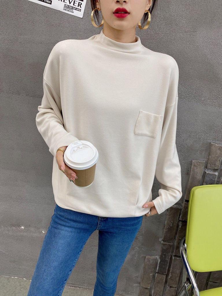 Plush Velvet Korean Loose Half Turtleneck Pullover with Pocket for Autumn and Winter