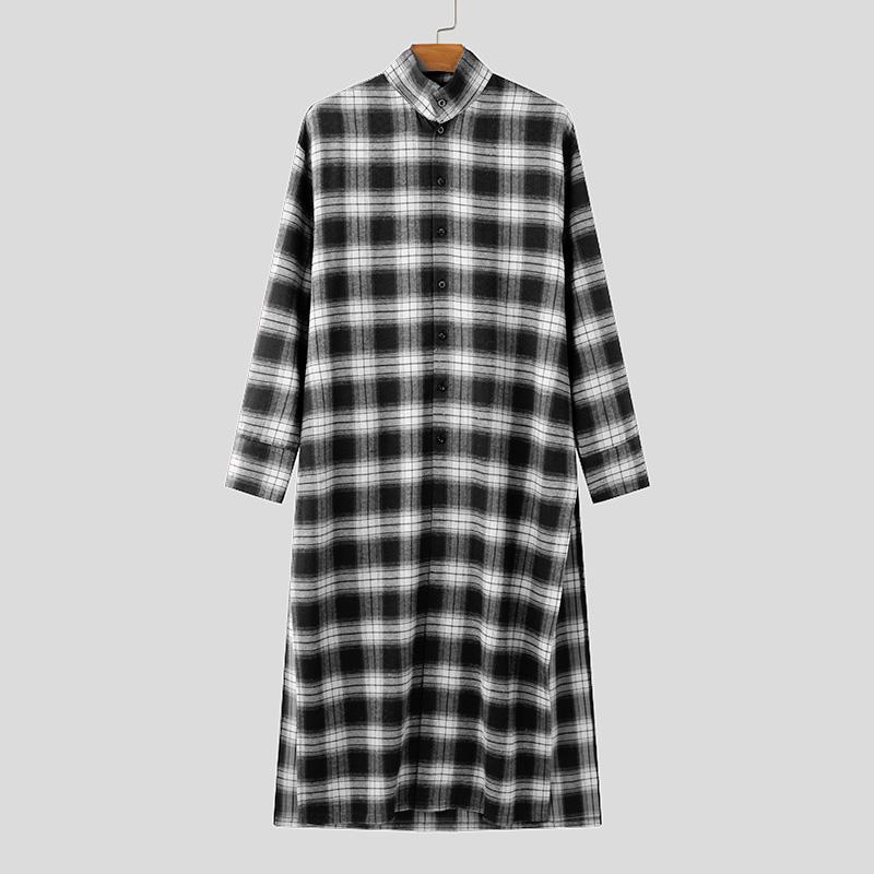 INCERUN Большие мужские рубашки с воротником-стойкой и длинным рукавом в клетку, повседневные туники