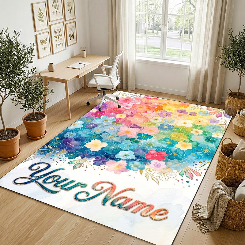 Rainbow Dreams Theme Soft Crystal Velvet Rug Custom Name & Text Print Non Slip Floor Rug for Bedroom Living Room