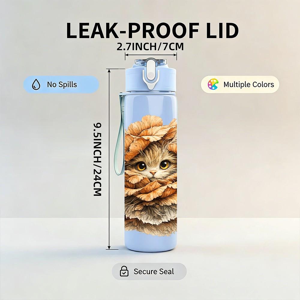 1PC Fluffy Cat Closeup Animal Print 750ml Color Plastic Sports Water Bottle Leakproof Flip Straw Lid Suitable for Sports Office Home Use