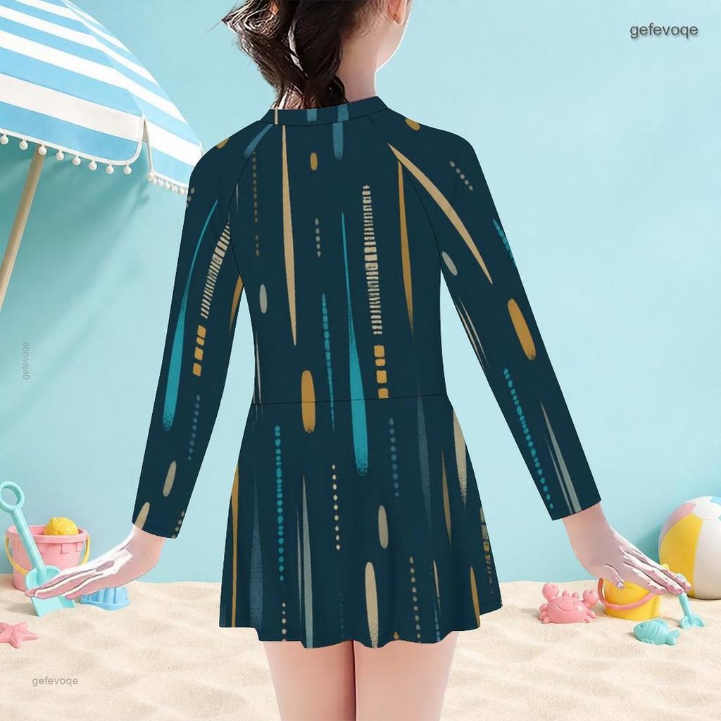 Girls One Piece Swimsuit High Neck Long Sleeve Front Zip Printed Skirt Hem