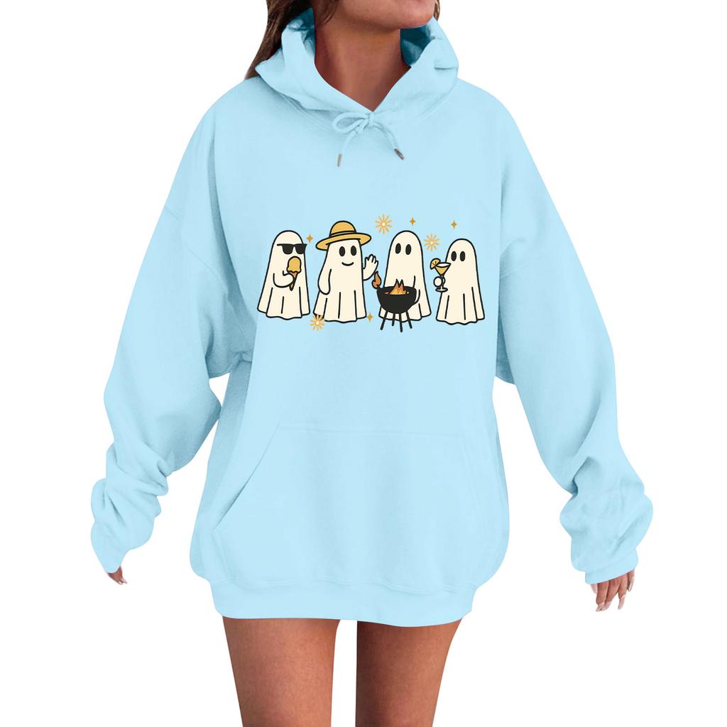 Женская повседневная модная удобная толстовка с круглым вырезом, капюшоном и длинными рукавами с принтом на Хэллоуин, теплая