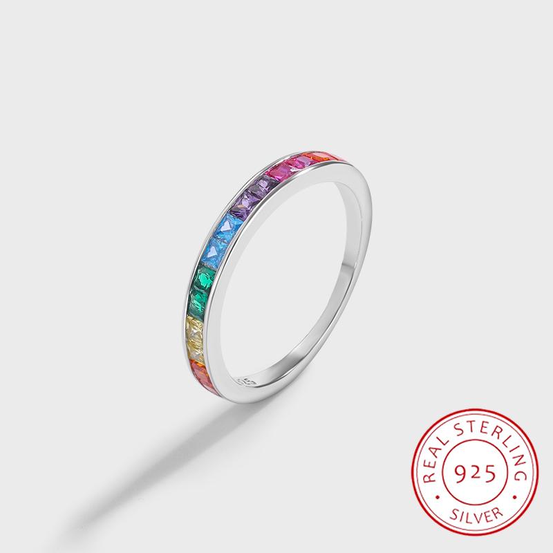 Stylish Rainbow Collection Square Full Of Zircon Couple Rings For Women Genuine Original Sterling S925 Silver Valentine Jewelry