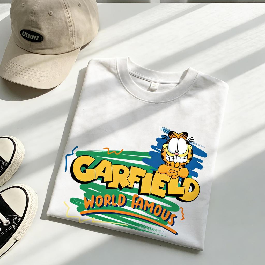 Garfield """МИРОВОЙ ИЗВЕСТНЫЙ""" Футболка с принтом букв "WORLD FAMOUS", Короткий рукав, Американский бренд уличной одежды, Тяжелый хлопок, Свободный крой, Оверсайз, Парный топ