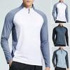 Men Summer Sports T-shirt Half Zipper Stand Collar Contrast Color Long Sleeves Loose Casual Soft Breathable Mid Length Men Daily Running Fitness Shirt