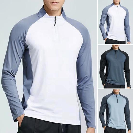 Men Summer Sports T-shirt Half Zipper Stand Collar Contrast Color Long Sleeves Loose Casual Soft Breathable Mid Length Men Daily Running Fitness Shirt