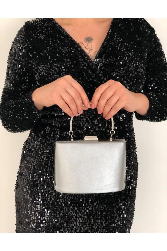 Women's Stylish and Useful Evening Dress Bag Evening Dress Bag Clutch Portfolio Strap Shoulder and Hand Bag Fabric Silver 2023