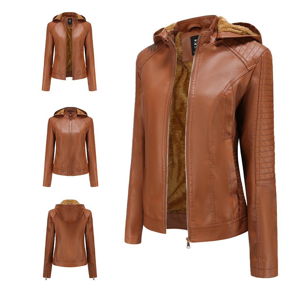 European and American Style Women's Faux Leather Jacket with Fleece Lining, Hooded, Short Length, Warm and Casual Jacket for Autumn and Winter.