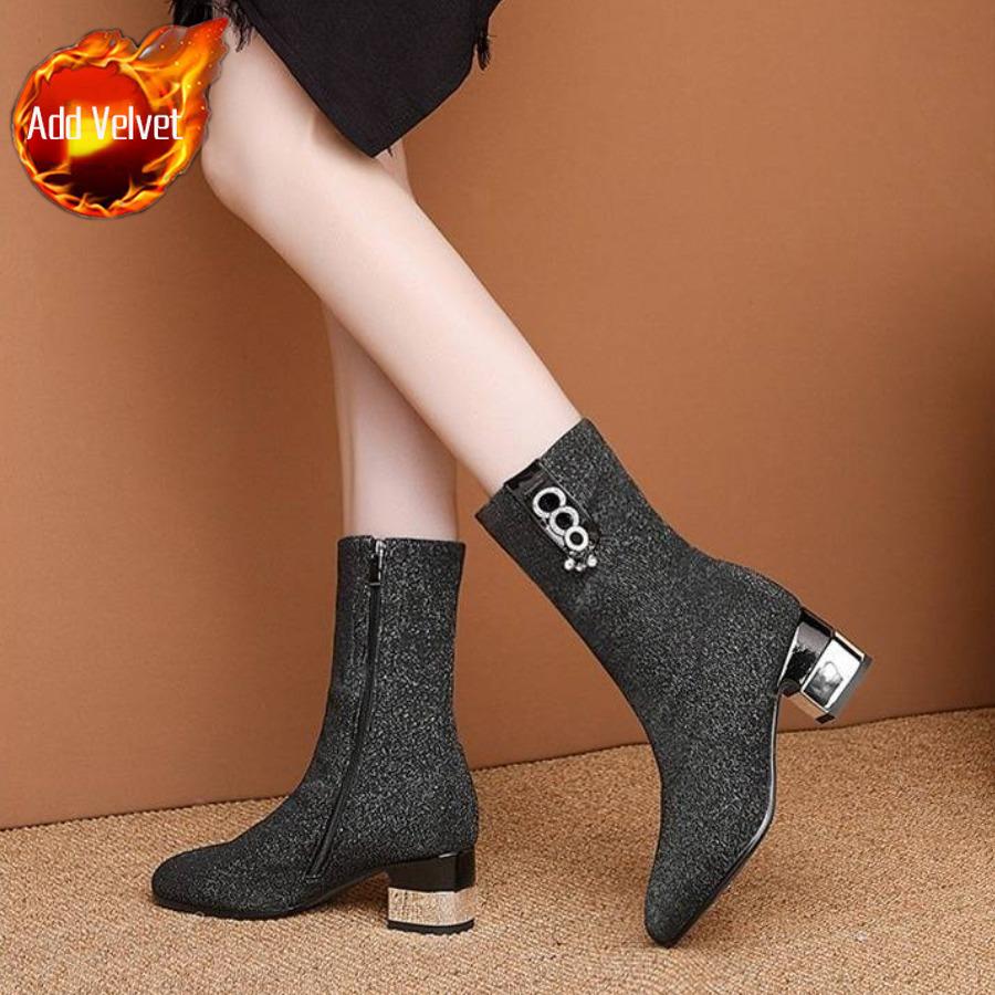 Модные туфли до середины голени, женские, с острым носком, на среднем каблуке, эластичные, полувысокие, женские, большие размеры, теплые, удобные и элегантные