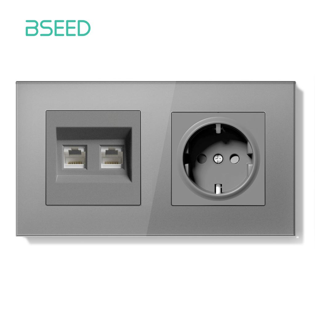 BSEED Двойная интернет-розетка Одиночная розетка CAT6 для стены Розетки питания EU Плюс сетевые разъемы для данных и компьютера Панель из стекла