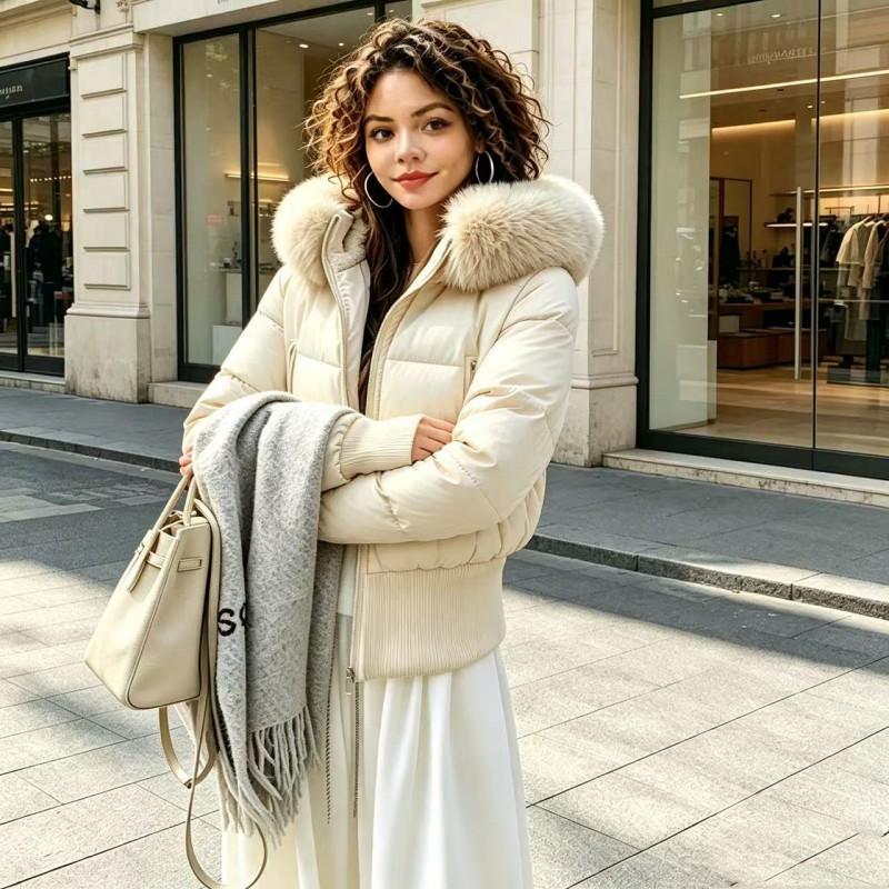 Womens Winter Cotton Coat With Faux Fur Collar Slim Fit Warm Short Parka