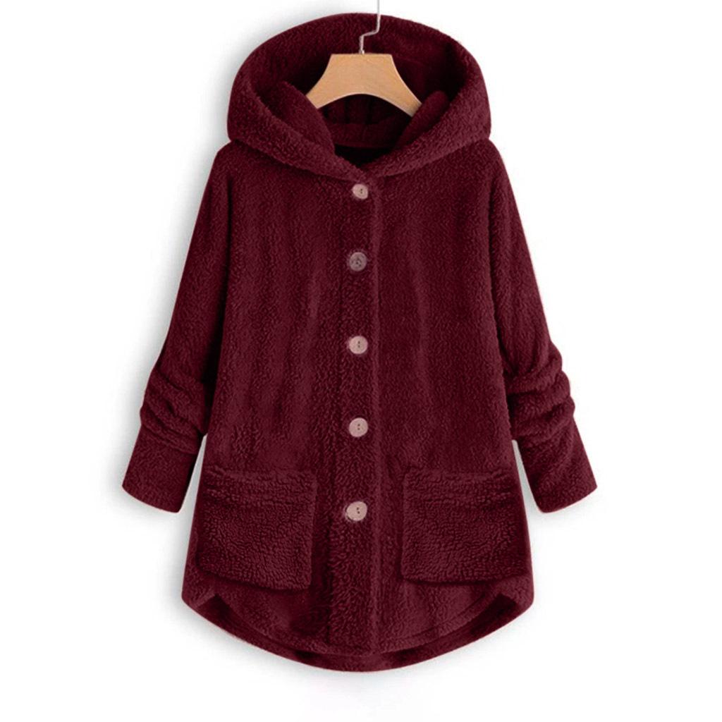 Solid Color Plush Jacket Women's Button Irregular Hooded Irregular Long Sleeve Top Plus Size