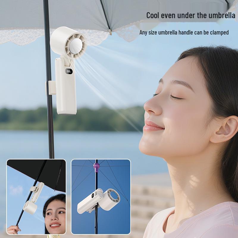 Portable USB Rechargeable Clip-On Fan with Digital Display and High Wind Power, Includes Handheld Cooling Ice Pack