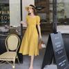 Women's Dress Summer New Solid Tone Waist Wrap Style Square Neck Dress