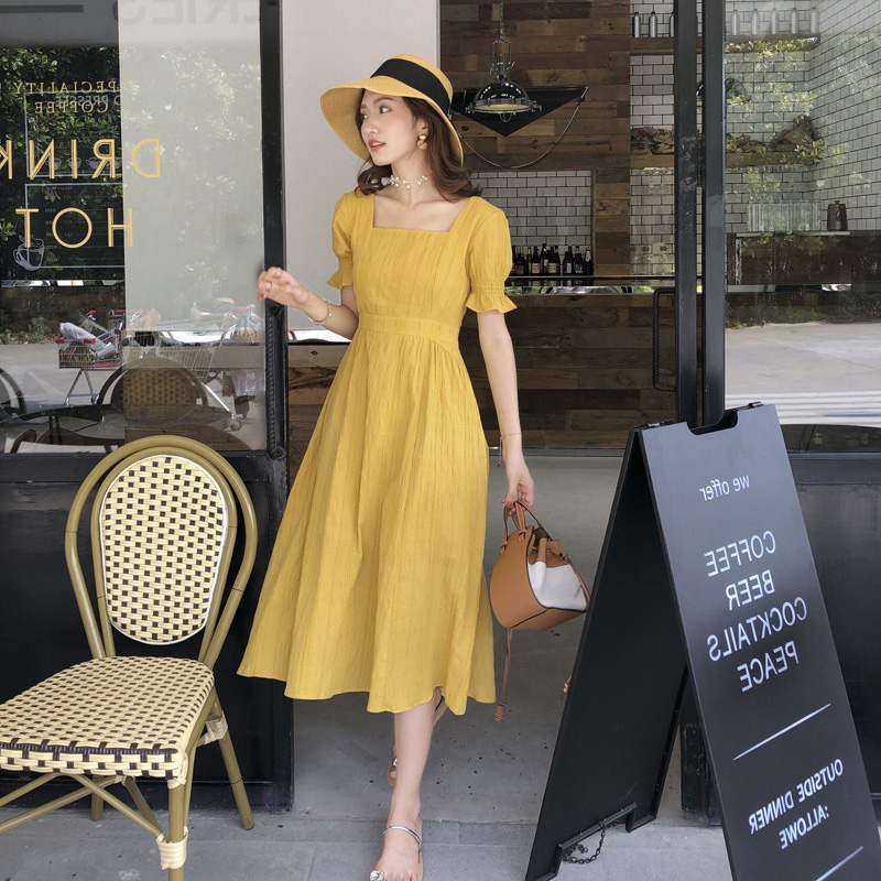 Women's Dress Summer New Solid Tone Waist Wrap Style Square Neck Dress
