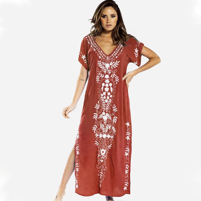 Женская пляжная туника единого размера, с цветочной вышивкой