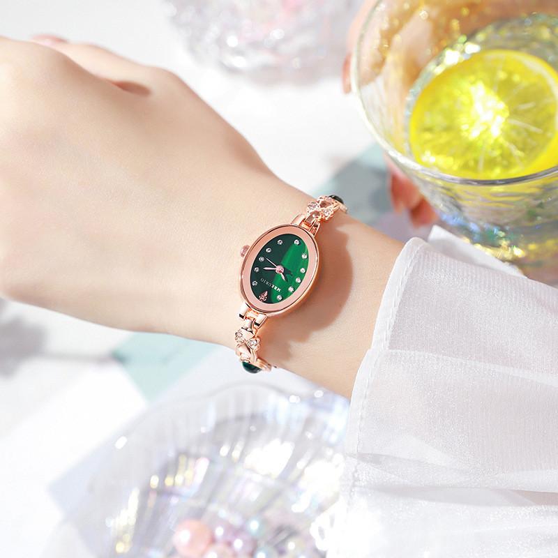 Luxury Green Gemstone Ladies Watch With Quartz Movement And Brass Clasp For Daily Use