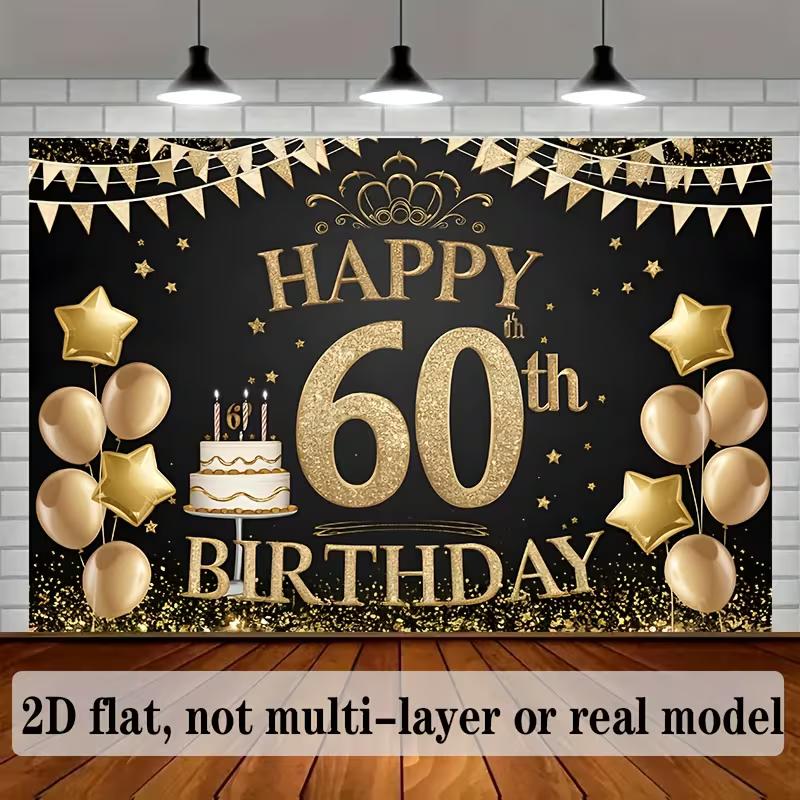 2D 60th Birthday Backdrop Black Gold Glitter - Party Decoration Photo Booth Background