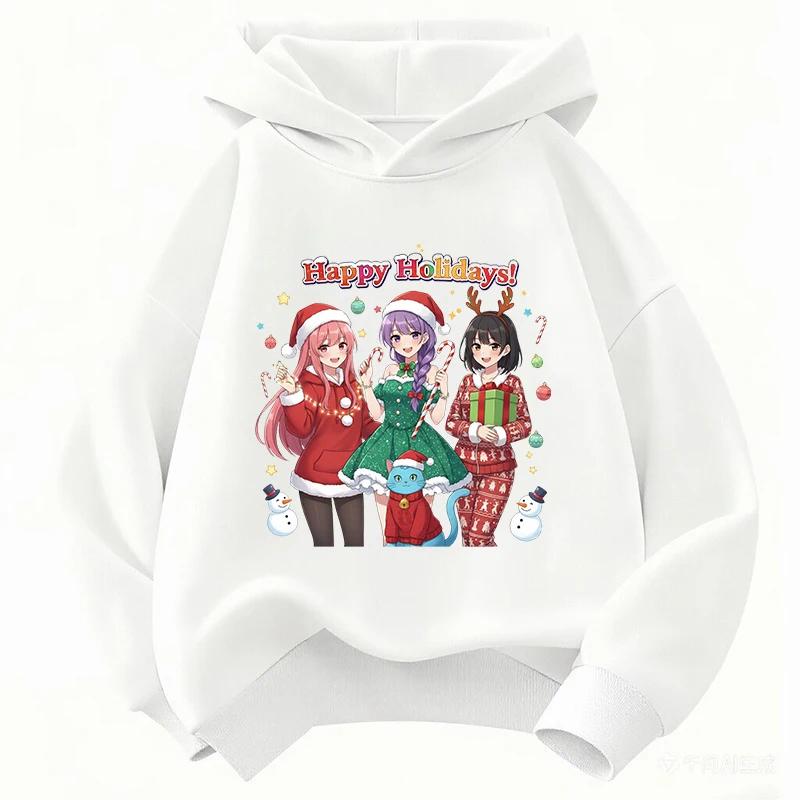 Vibrant Christmas Anime Girls Print Kids Hooded Pullover, Santa Hat Front Decor, Soft Warm Hoodie, Daily Top For Family Gatherings And Outdoor Trips