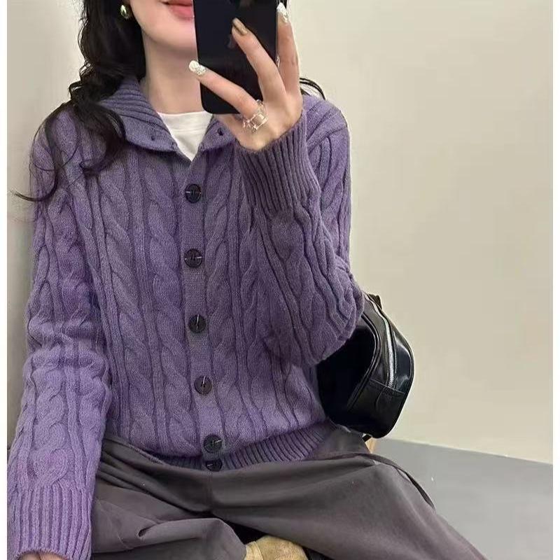 Women's Wool Cable Knit Cardigan: Retro Stand Collar Loose Sweater Coat, Available in Multiple Colors