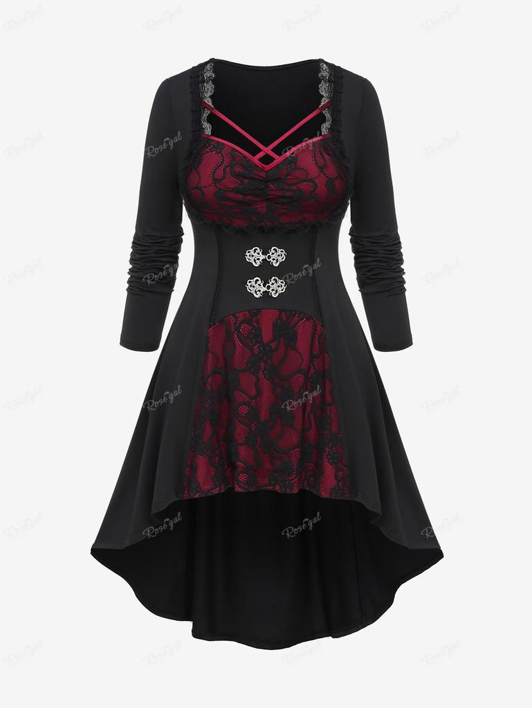 Rosegal Plus Size Lace Panel Buckle Crisscross T-shirt