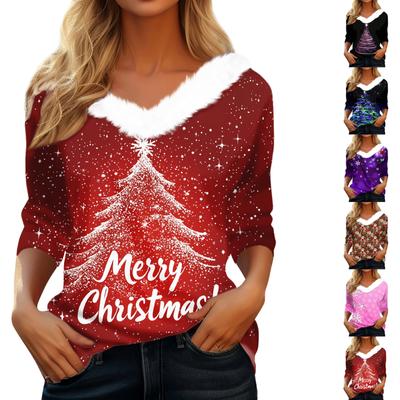 Рубашки с длинным рукавом для женщин Милые топы Рождественские принты Футболки Блузки Повседневные топы больших размеров Базовые топы Пуловеры