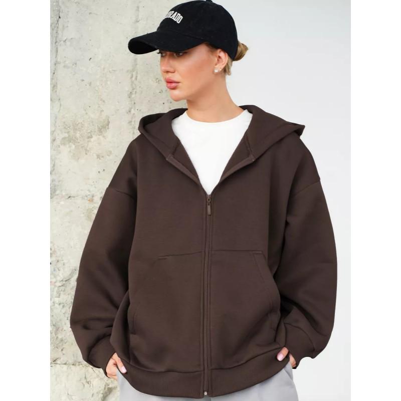 Womens Oversized Hooded Zip-Up Sweatshirt Loose Fit Long Sleeve Casual Top In Solid Colors